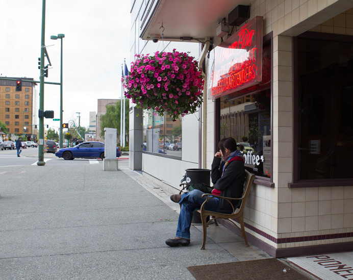 Outside the Pioneer Bar, with its "Perfect Bartenders" (Anchorage, Alaska)