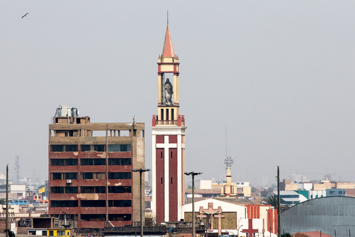 Christ statue in bell tower, Callao Harbor, near Lima (from Sea Adventurer).